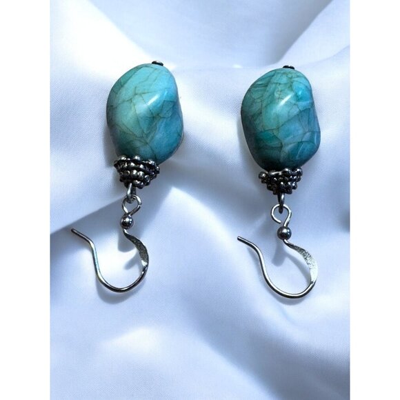 Turquoise Style Drop Earrings With Silver Accents Handcrafted Vintage Design - Picture 2 of 7